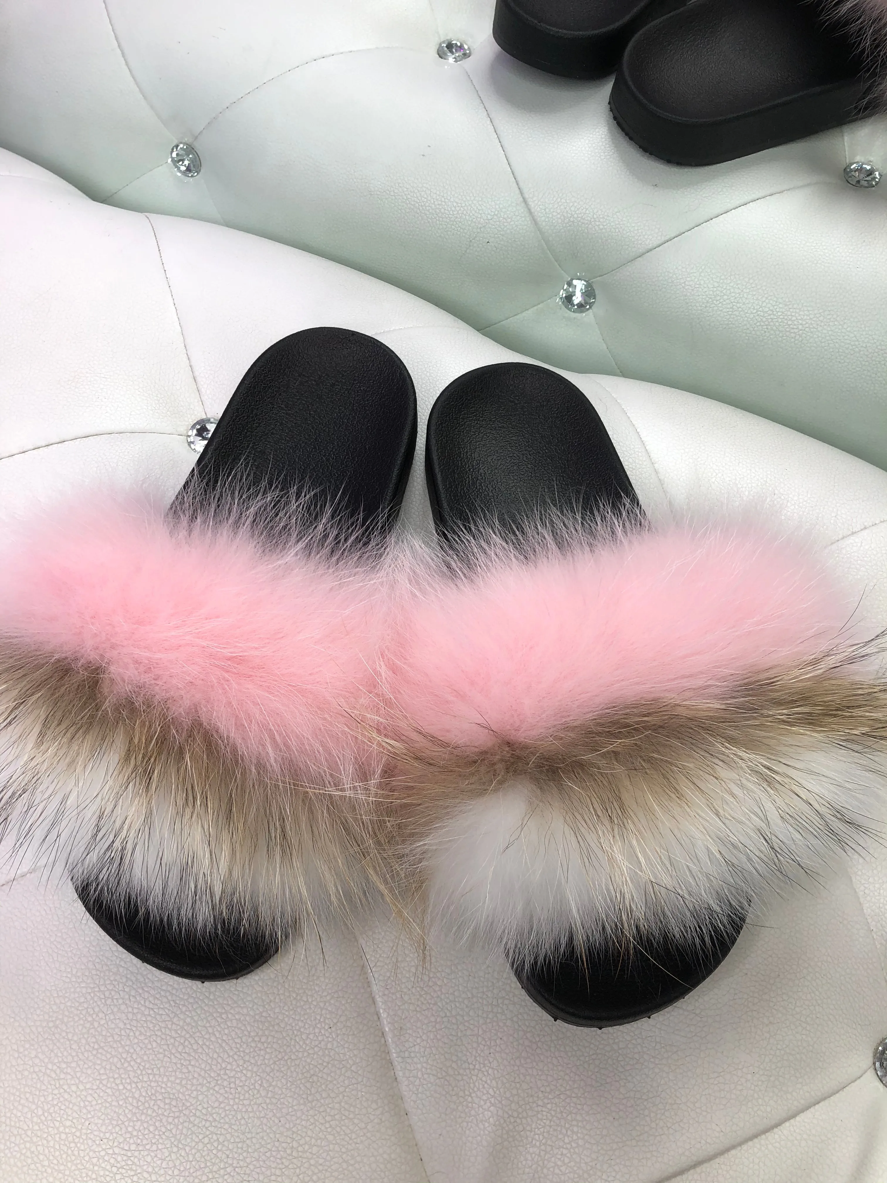 Baby Pink/White Real Fur Slippers