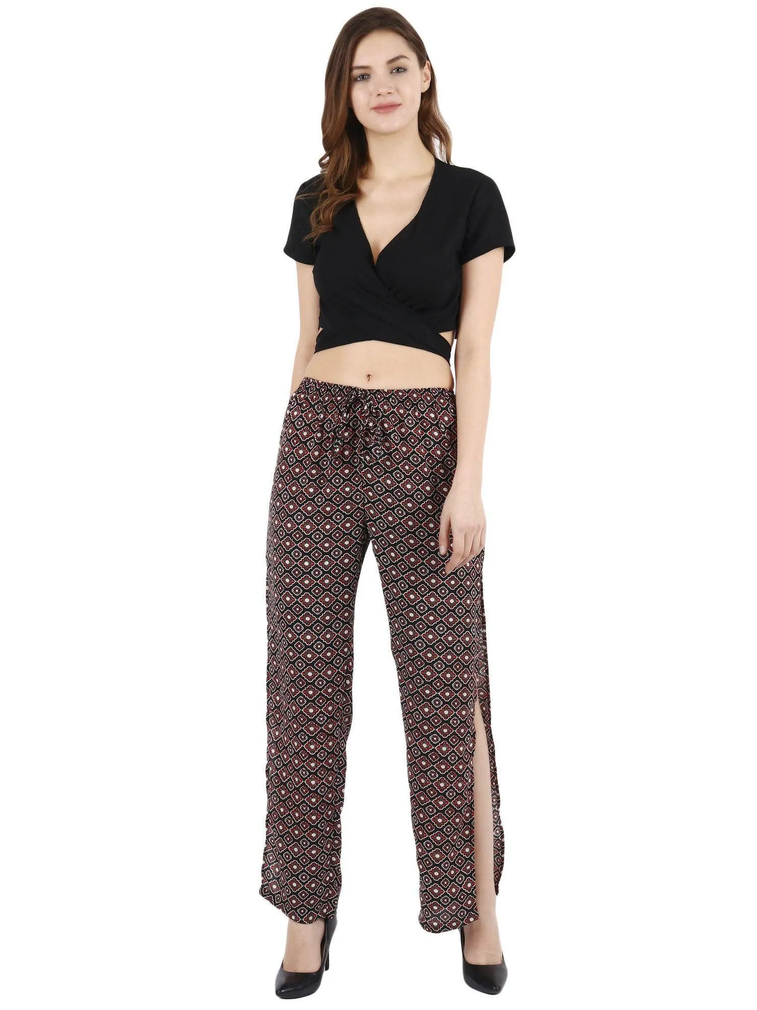 Black Graphic Printed Pyjama with Side Slits