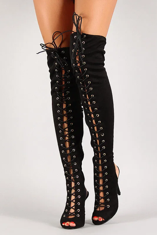 Breckelle Lace Up Back Cutout Stiletto Thigh High Boot