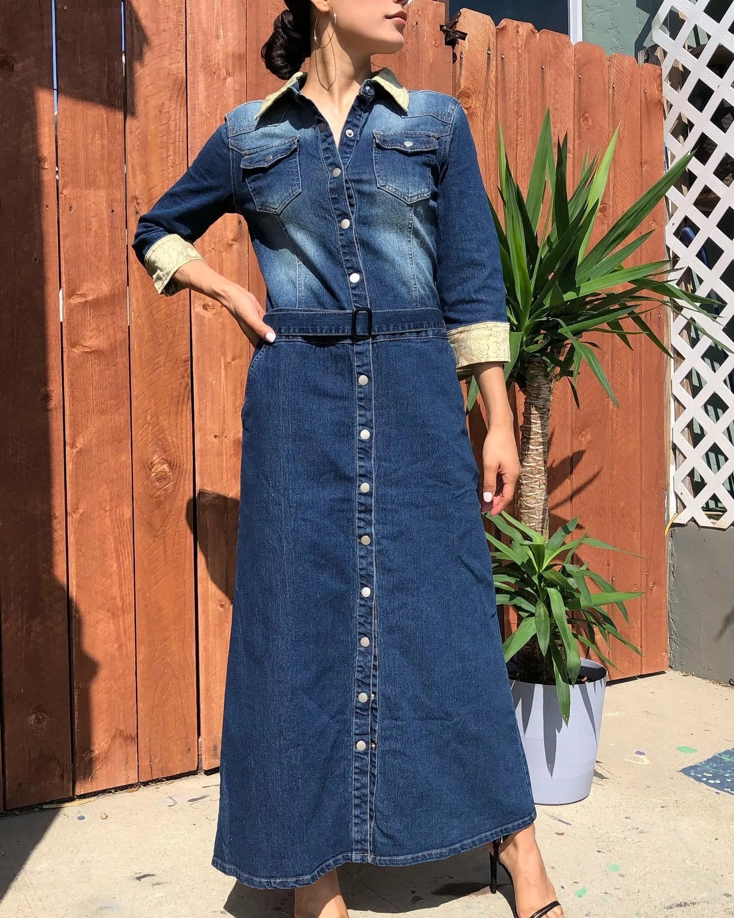 Button Front Belted Denim Dress