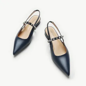 Crystal Strap Slingback Flats (Aida)  Navy