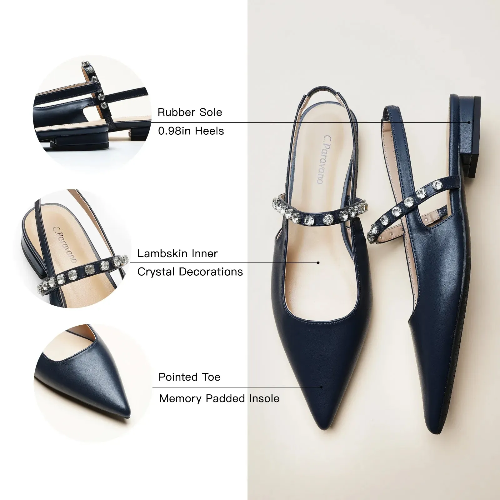 Crystal Strap Slingback Flats (Aida)  Navy