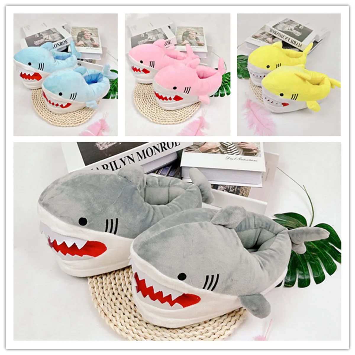 Cute cartoon shark head plush slippers（HPSD129)