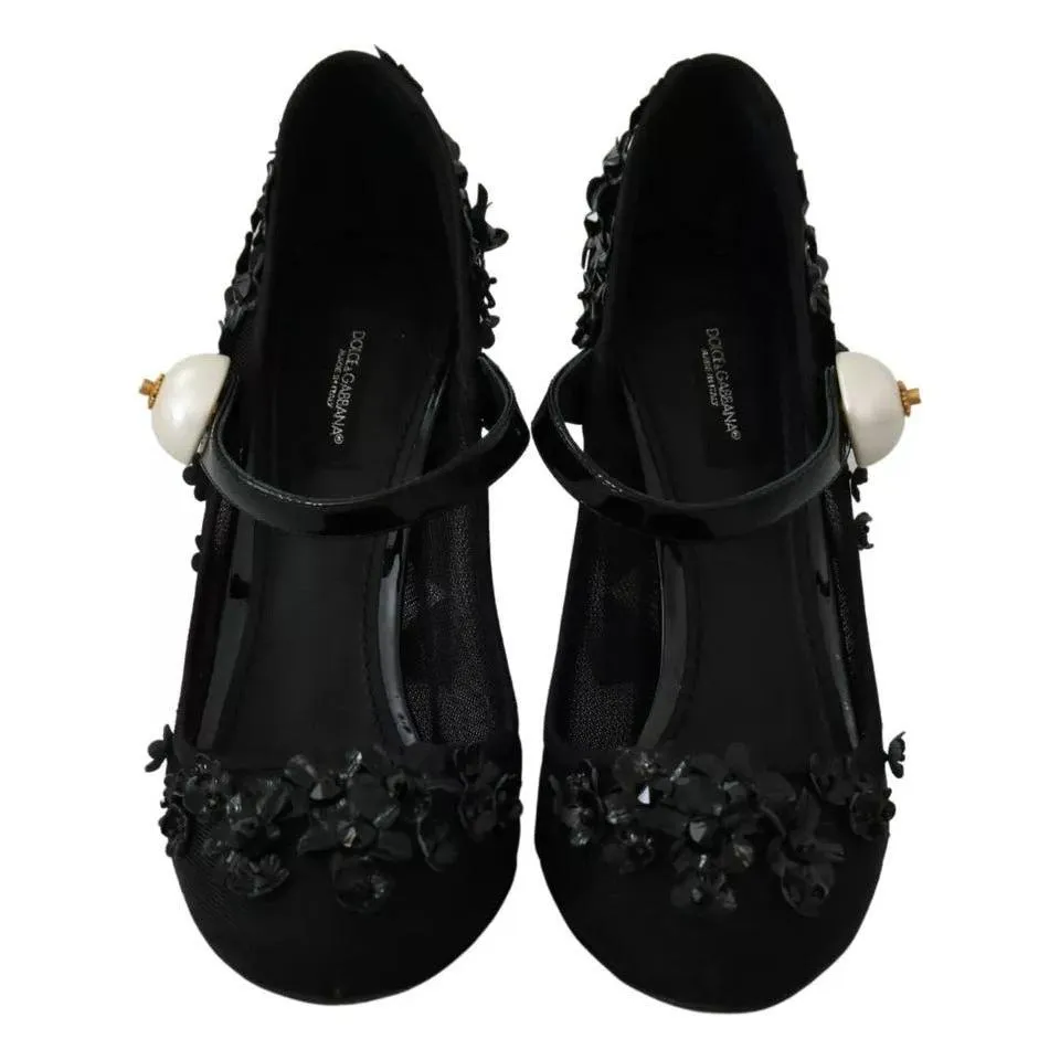 Dolce & Gabbana Black Floral Embellish Heels Mary Janes Pumps Shoes