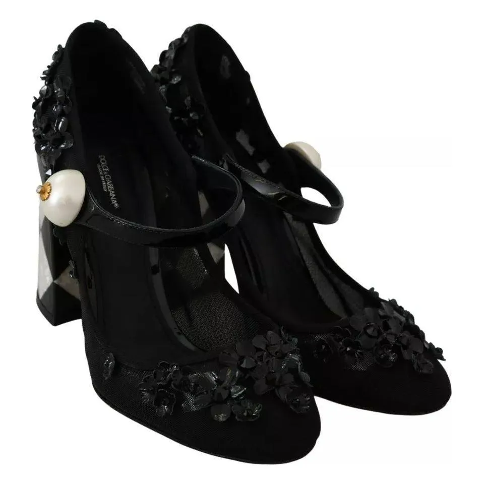 Dolce & Gabbana Black Floral Embellish Heels Mary Janes Pumps Shoes