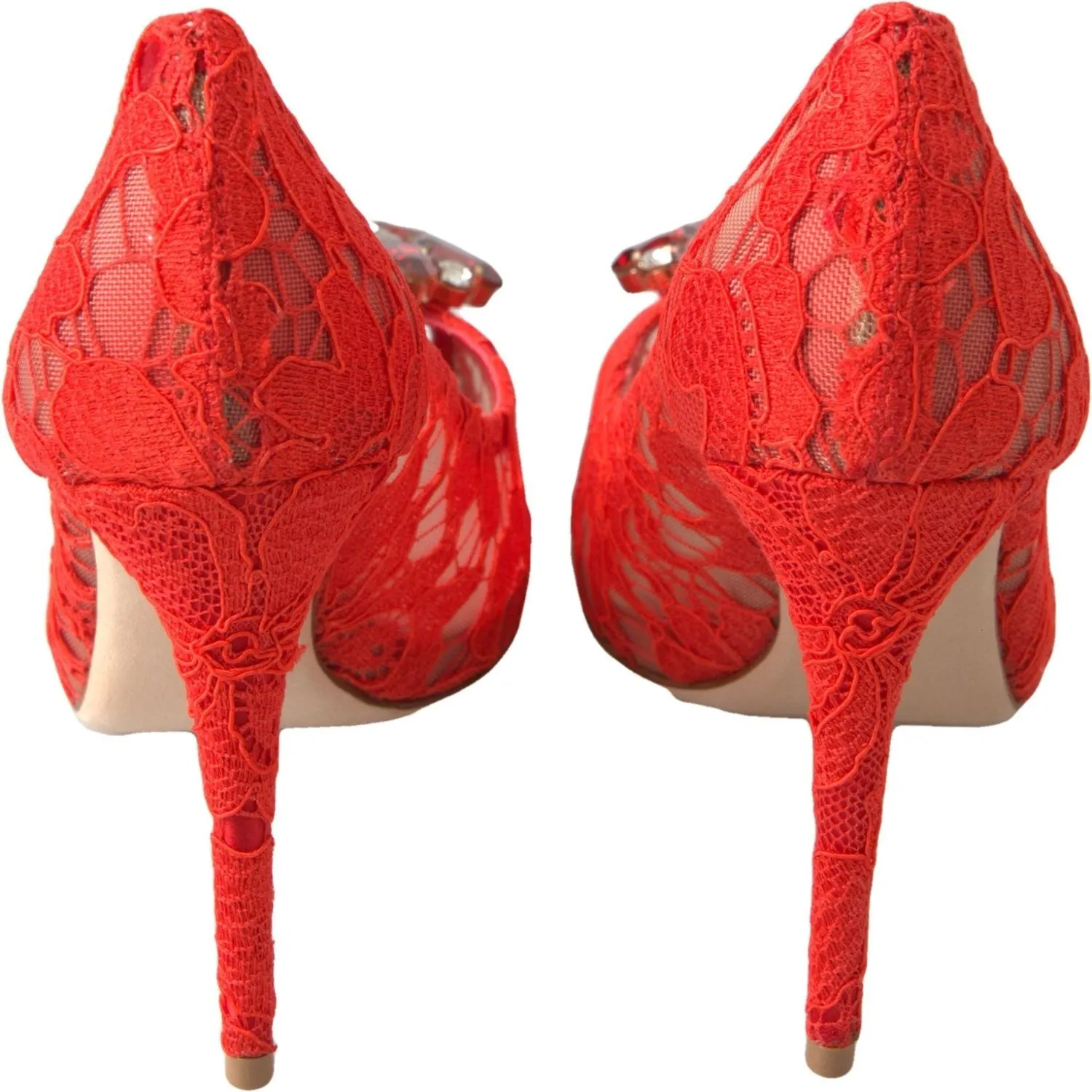 Dolce & Gabbana Chic Red Lace Heels with Crystal Embellishment