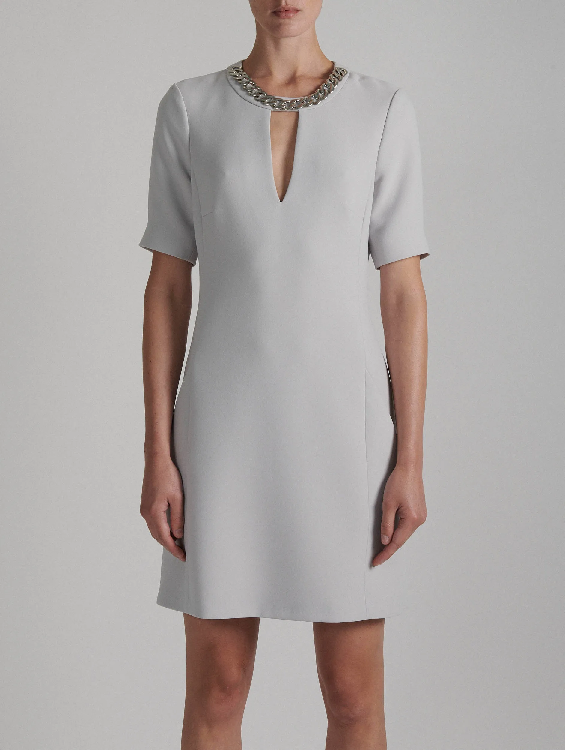 Pearl grey crepe dress with jewel neckline