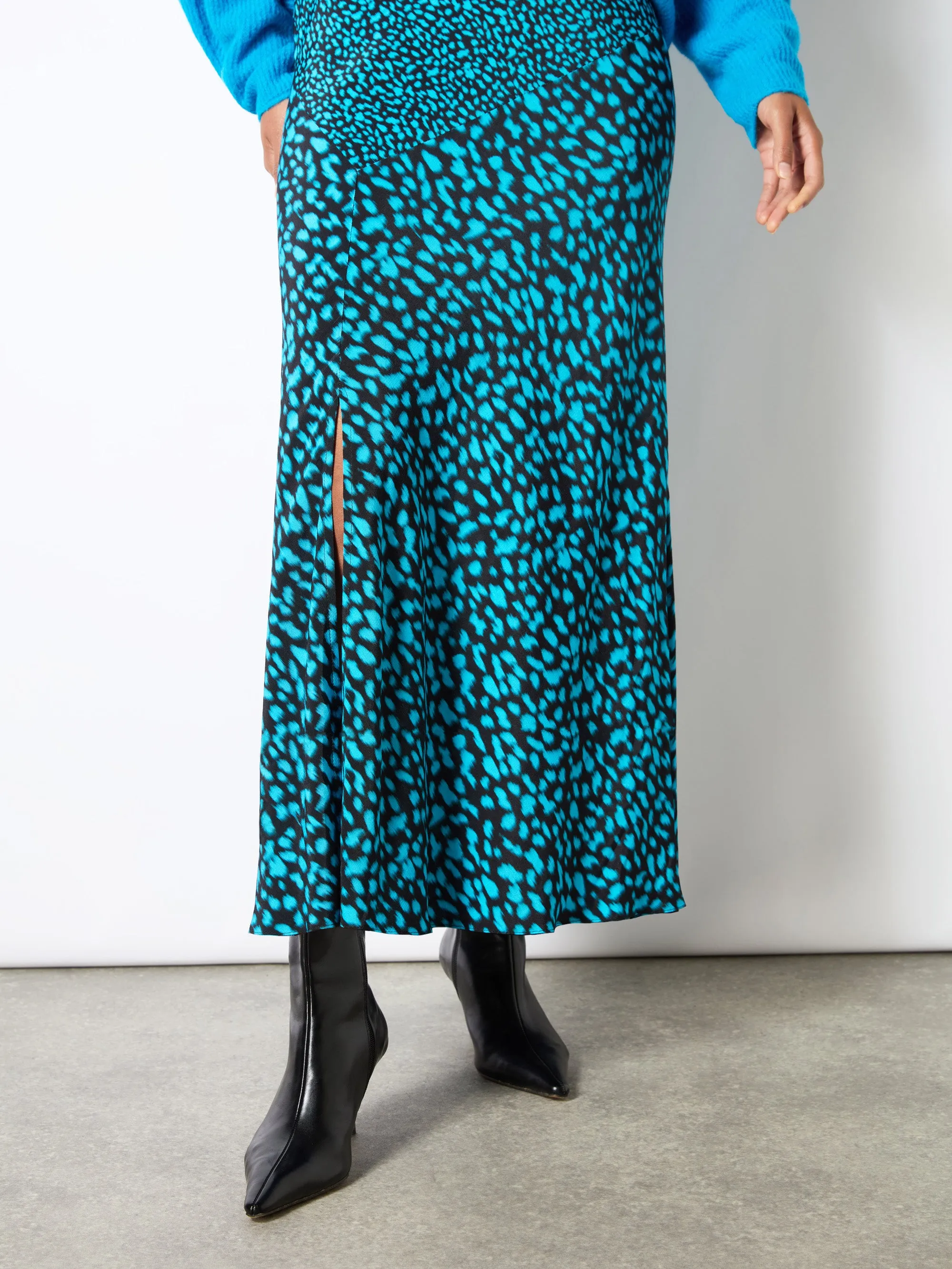 Petite Blue Dash Print Contrast Panel Skirt