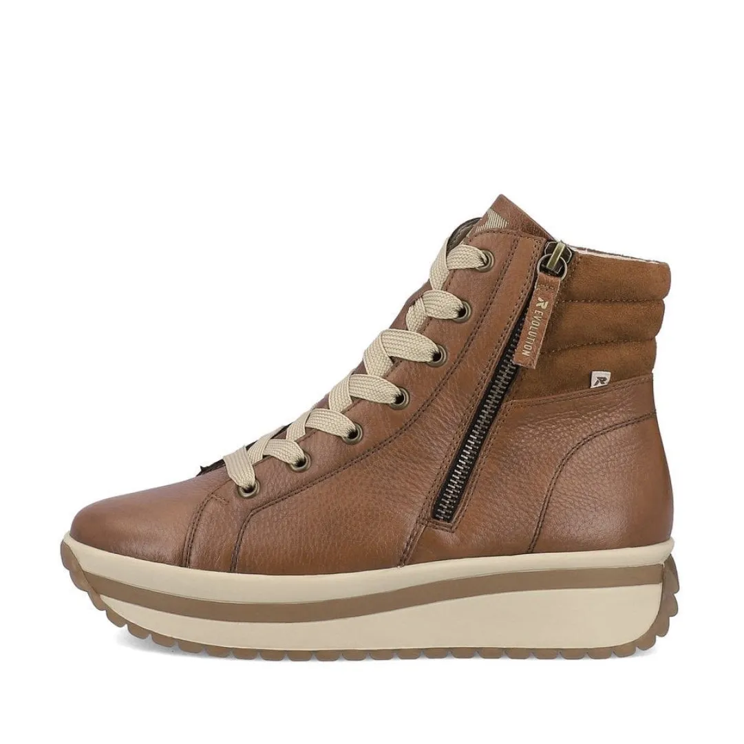 Rieker W0962-24 Revolution Caster Brown Leather Lace-Up Flatform Trainer Boots