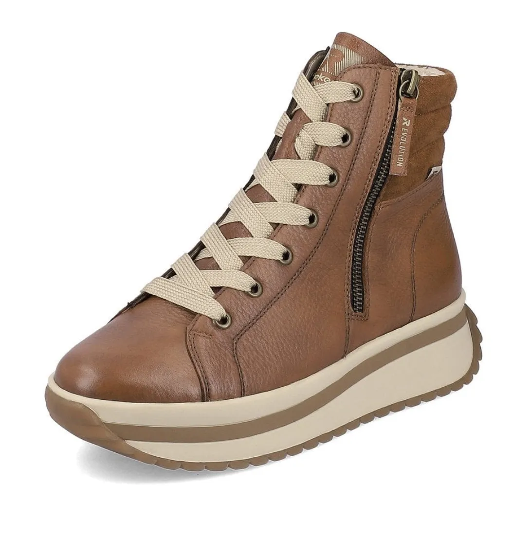 Rieker W0962-24 Revolution Caster Brown Leather Lace-Up Flatform Trainer Boots