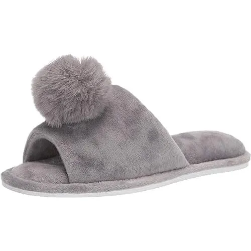 Roxoni Women's Slippers Lovely Velvet Pom-Pom Open Toe House Slides