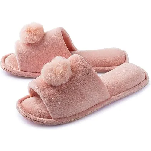 Roxoni Women's Slippers Lovely Velvet Pom-Pom Open Toe House Slides