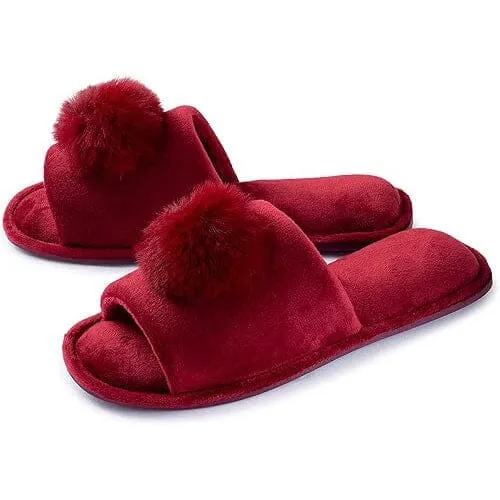 Roxoni Women's Slippers Lovely Velvet Pom-Pom Open Toe House Slides