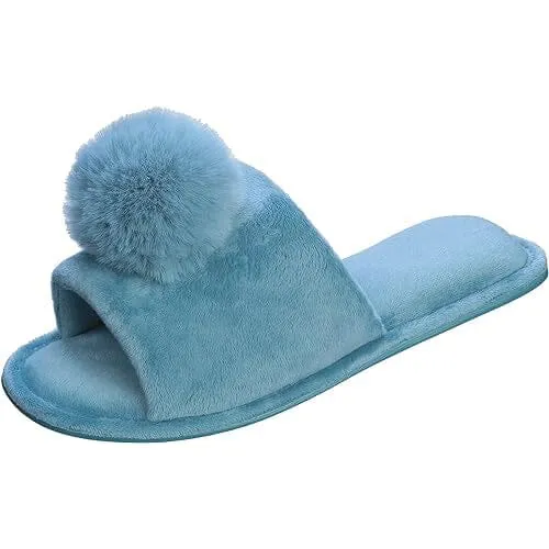 Roxoni Women's Slippers Lovely Velvet Pom-Pom Open Toe House Slides