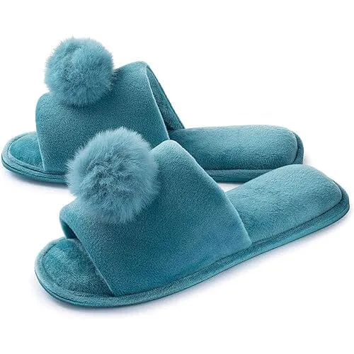 Roxoni Women's Slippers Lovely Velvet Pom-Pom Open Toe House Slides