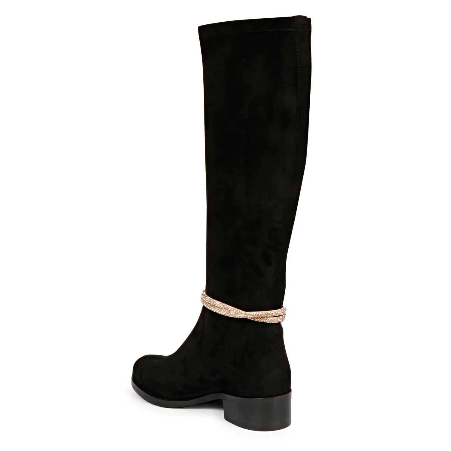 Saint Marisa Golden Cord String Black Stretch Suede Long Boots