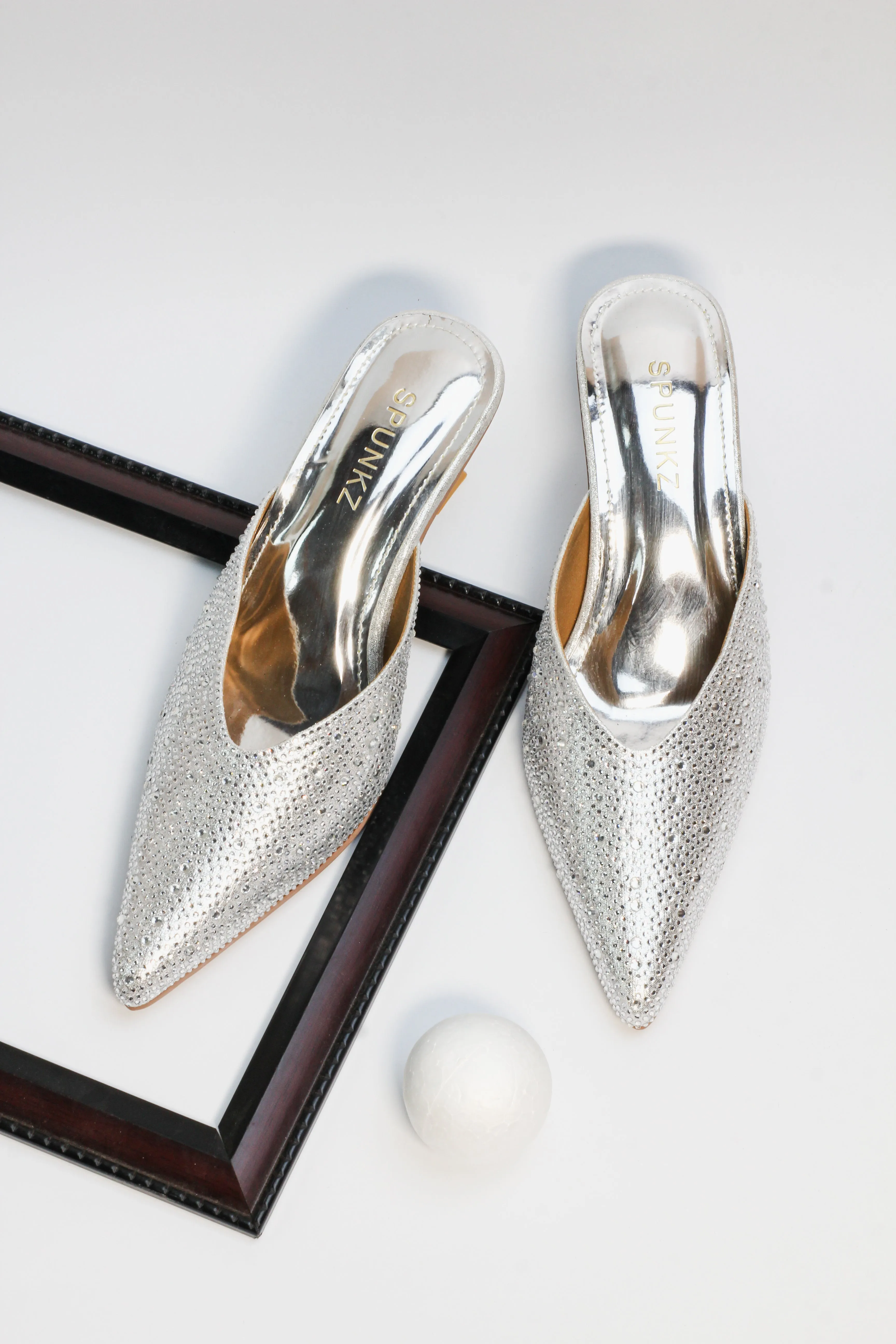 Spunkz Silver Shiny Crystal Stones Pointed Toe Mules