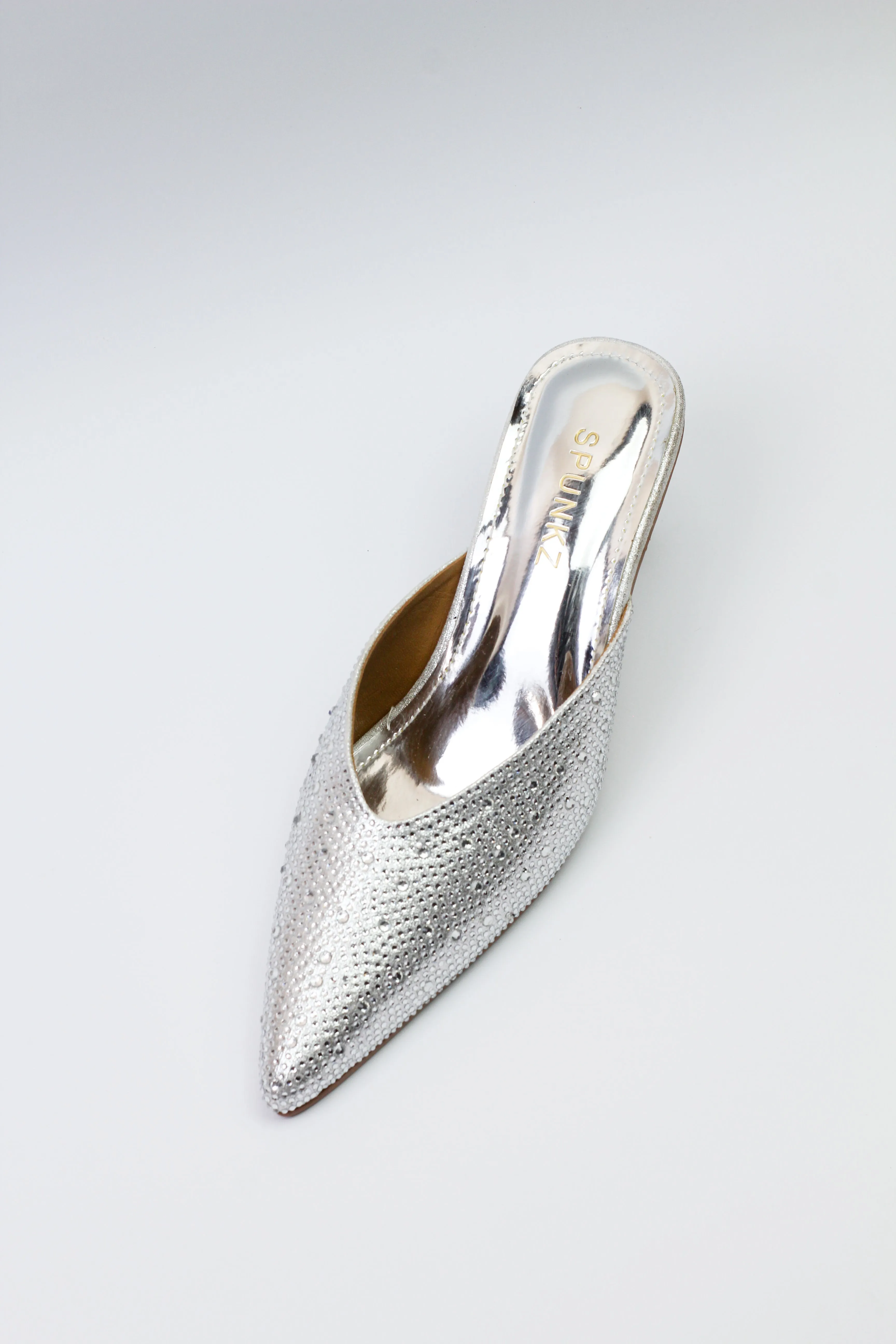 Spunkz Silver Shiny Crystal Stones Pointed Toe Mules