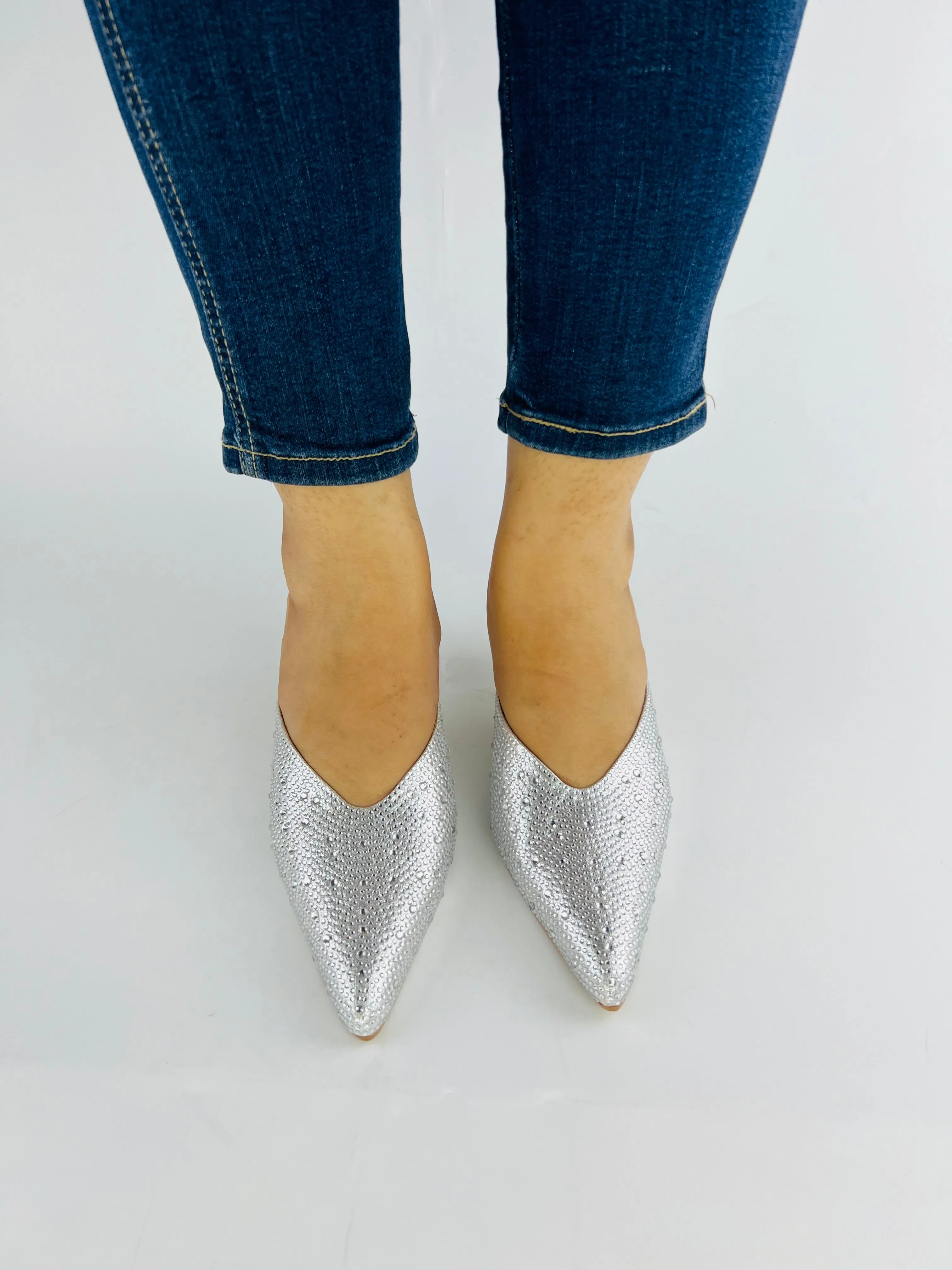 Spunkz Silver Shiny Crystal Stones Pointed Toe Mules