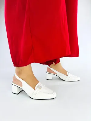 Spunkz White Mid Block Heel Closed Square Toe Slingback Pumps Shoes